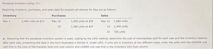  Perpetual Inventory Using LIFO Beginning inventory, purchases, and sales data for