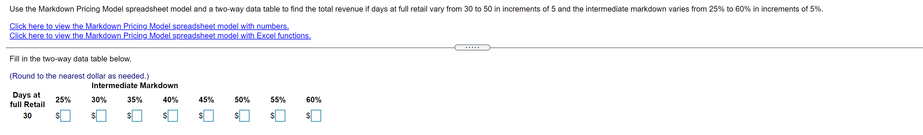  Use the Markdown Pricing Model spreadsheet model and a two-way data