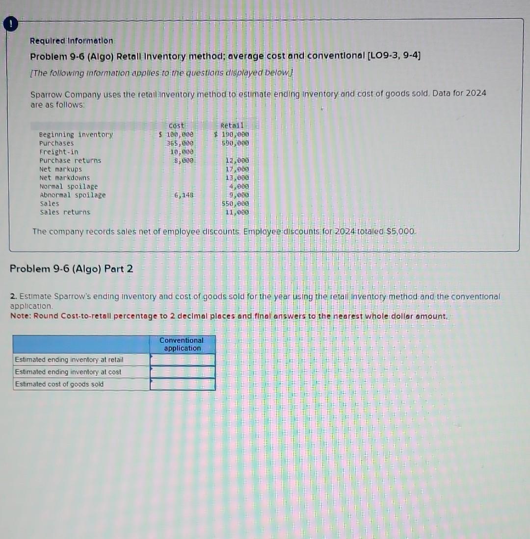  Required Informatlon Problem 9-6 (Algo) Retall Inventory method; average cost and