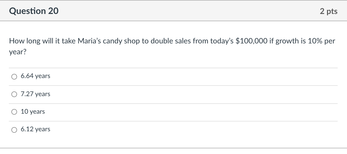 Question 20 2 pts How long will it take Maria's candy