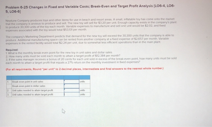  Problem 6-25 Changes in Fixed and Variable costs; Break-Even and Target