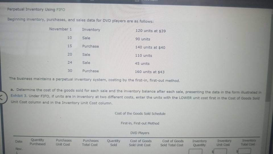  Perpetual Inventory Using FIFCO Beginning inventory, purchases, and sales data for