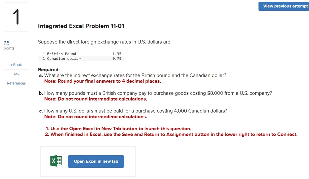  Integrated Excel Problem 11-01 eBook References Suppose the direct foreign exchange