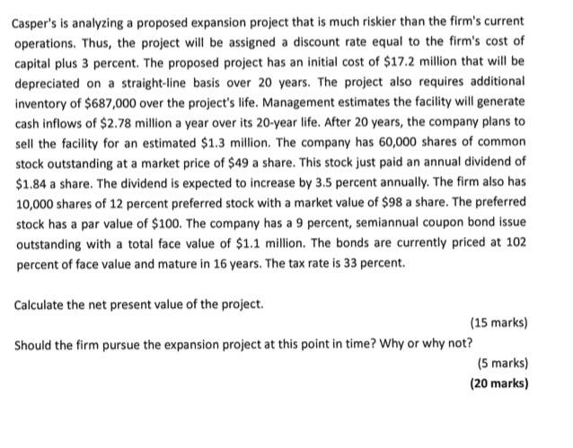  Casper's is analyzing a proposed expansion project that is much riskier