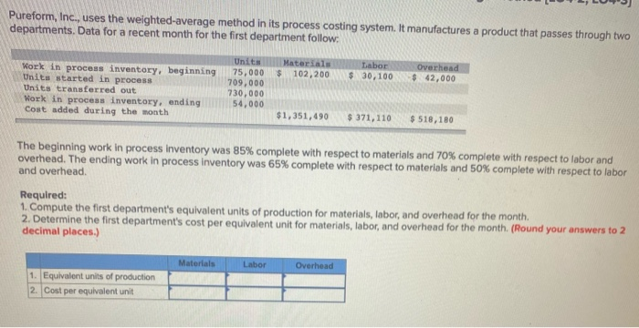  Pureform, Inc., uses the weighted average method in its process costing