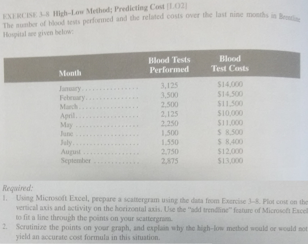  ine months in Brentline EXERCISE 3-8 High-Low Method; Predicting Cost [LO2]