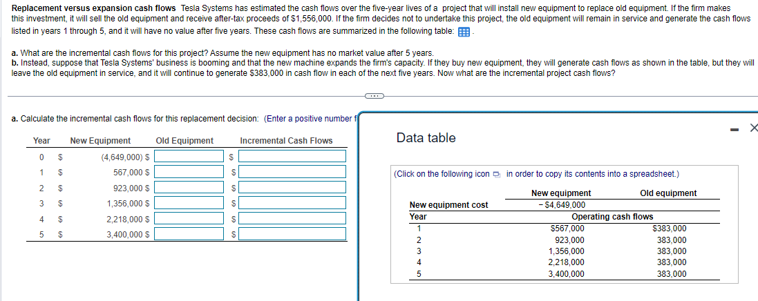  Replacement versus expansion cash flows Tesla Systems has estimated the cash