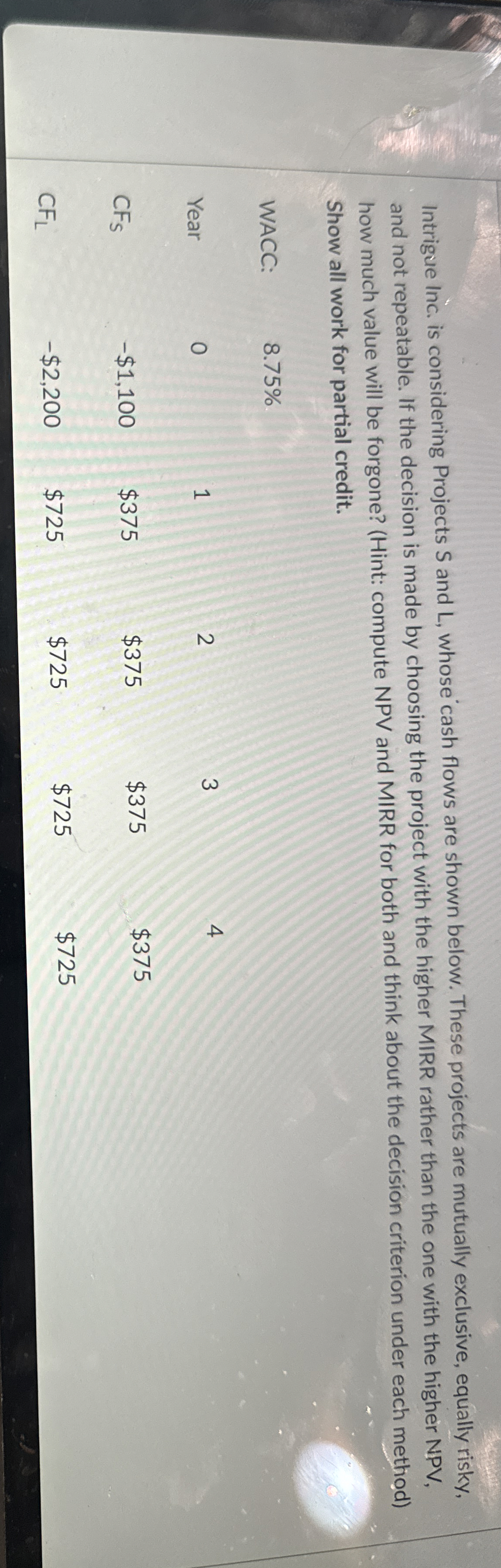  Intrigue Inc. is considering Projects S and L, whose cash flows