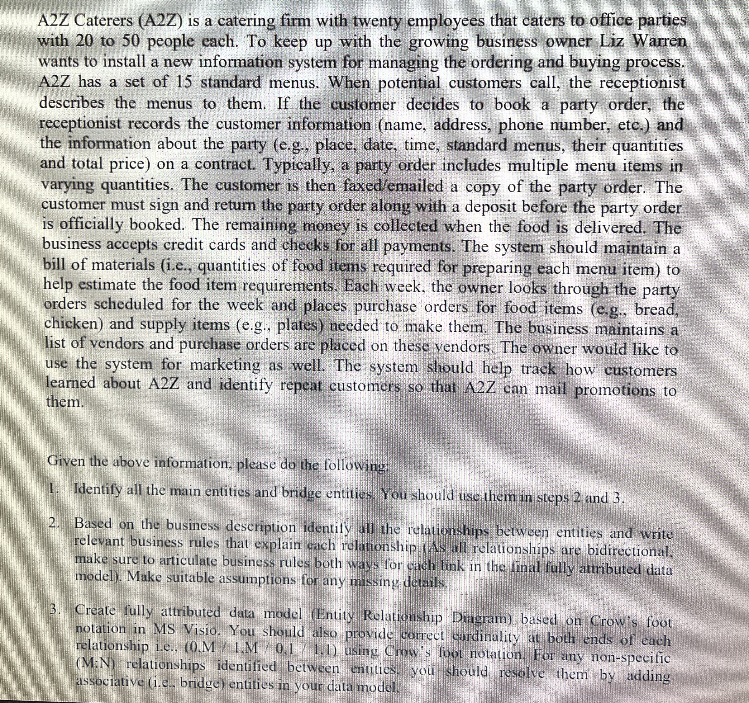  A2Z Caterers (A2Z) is a catering firm with twenty employees that