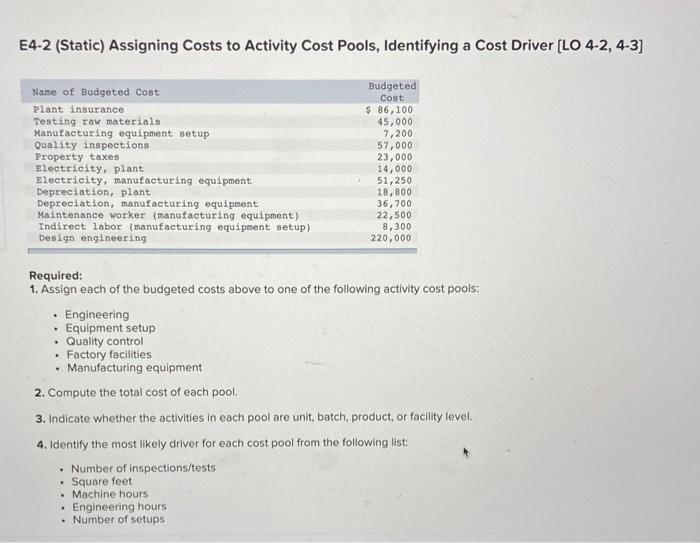  E4-2 (Static) Assigning Costs to Activity Cost Pools, Identifying a Cost