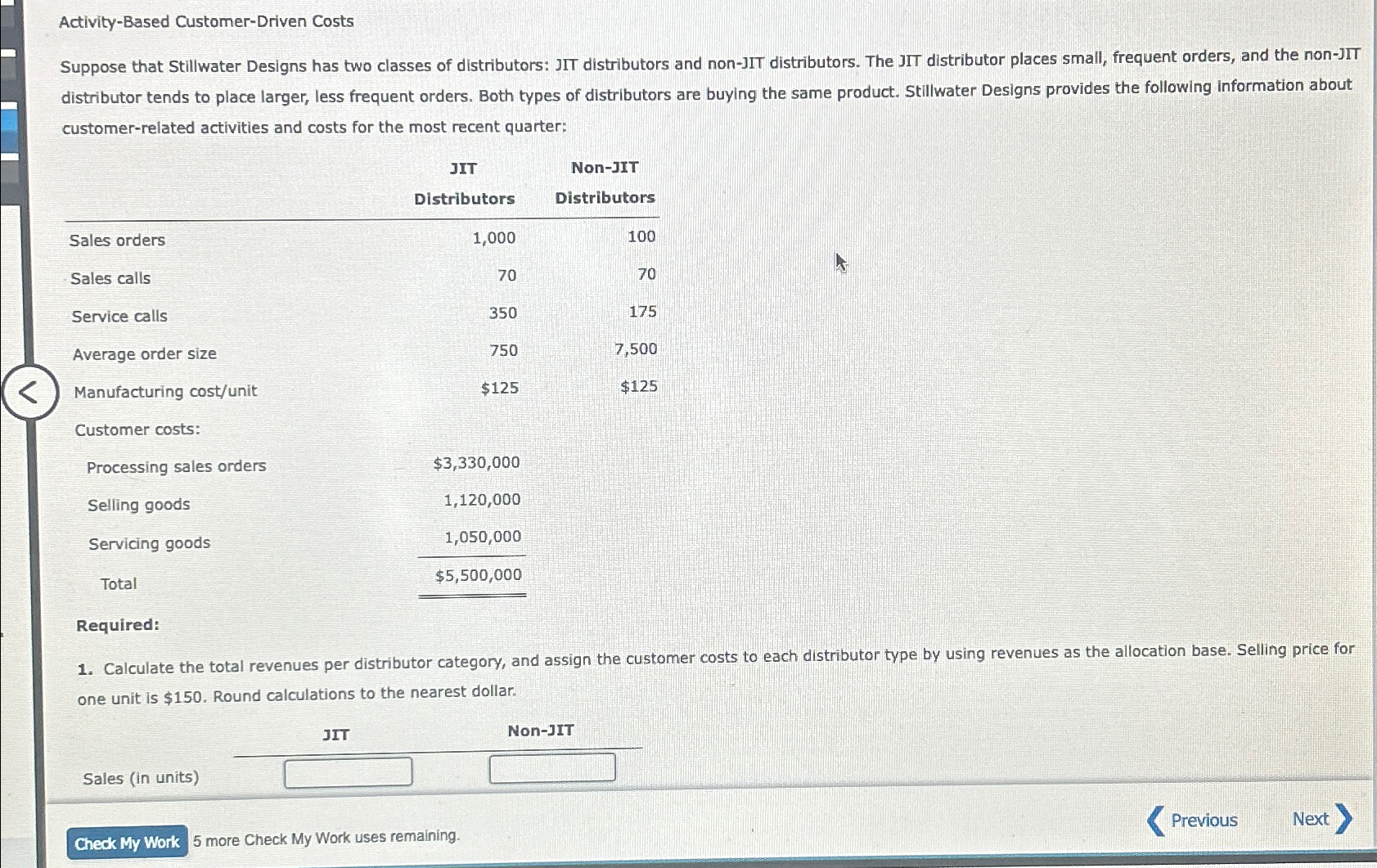  Activity-Based Customer-Driven Costs Suppose that Stillwater Designs has two classes of