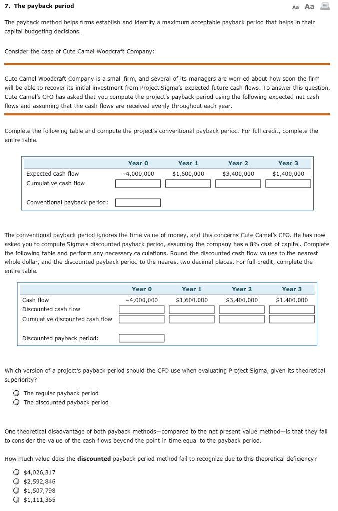  7. The payback period Aa Aa The payback method helps firms