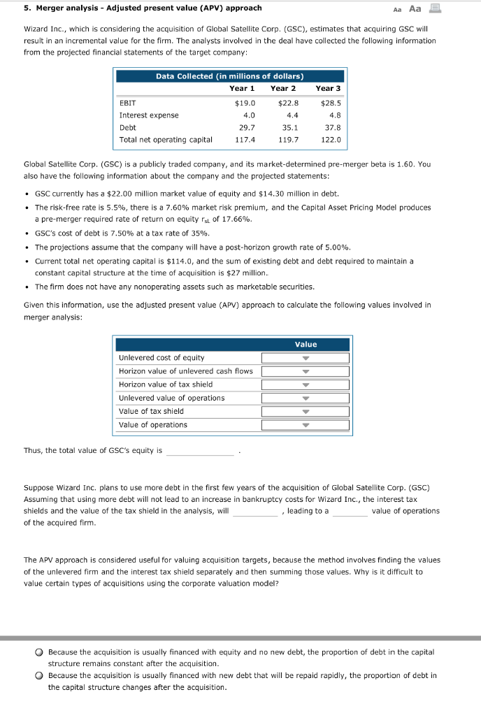 5. Merger analysis Adjusted present value (APV) approach Aa Aa Wizard