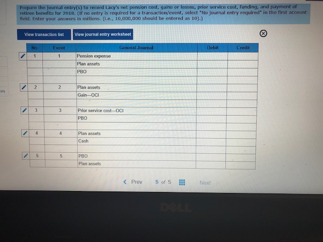 benefit pension plan. At December 31, 2018, Lacy received the following information