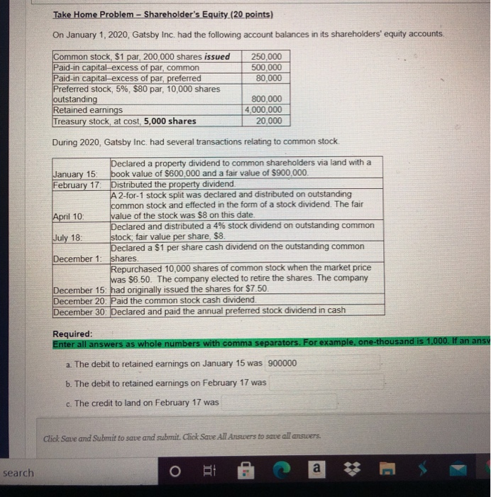  Take Home Problem - Shareholder's Equity_(20 points) On January 1, 2020,