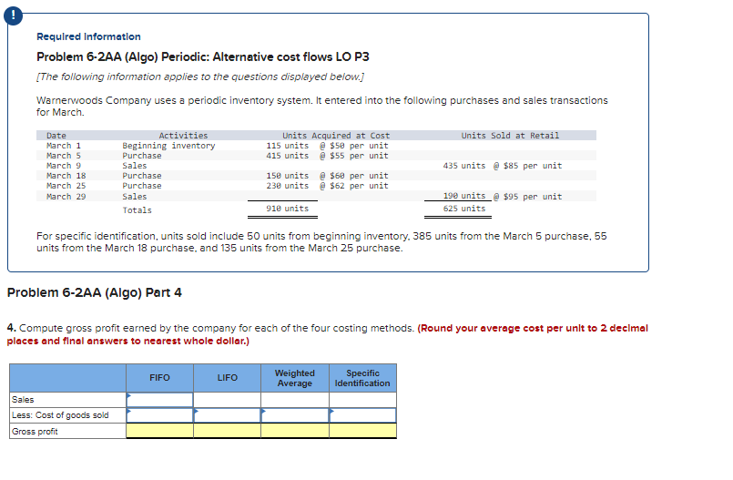! Required Information Problem 6-2AA (Algo) Periodic: Alternative cost flows LO