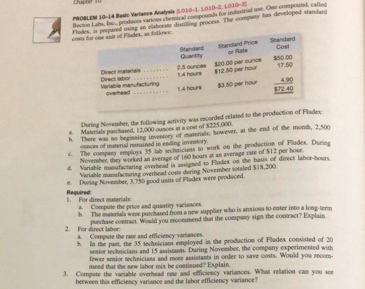  Chapter IO PROBLEM 10-14 Basic Variance Analysis (L010-1. LO10-2, LO10-3 Becton
