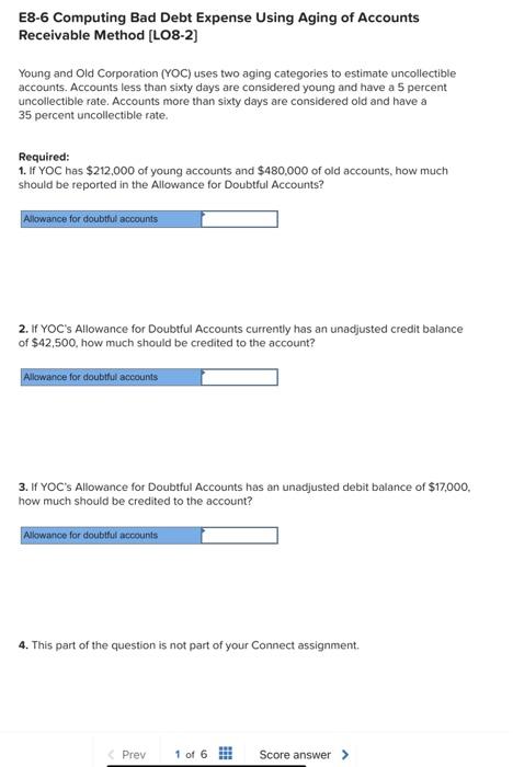  E8-6 Computing Bad Debt Expense Using Aging of Accounts Receivable Method