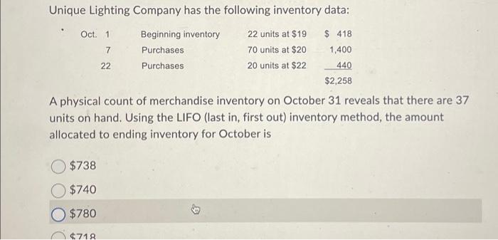  Unique Lighting Company has the following inventory data: Beginning inventory 22