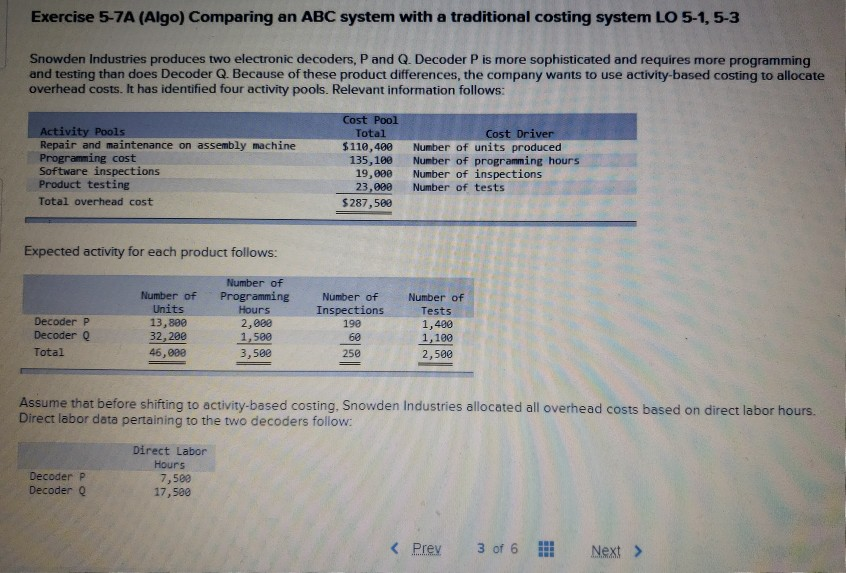 please show clear working Exercise 5-7A (Algo) Comparing an ABC system