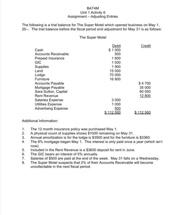  BATAM Unit 1 Activity 6 Assignment - Adjusting Entries The following