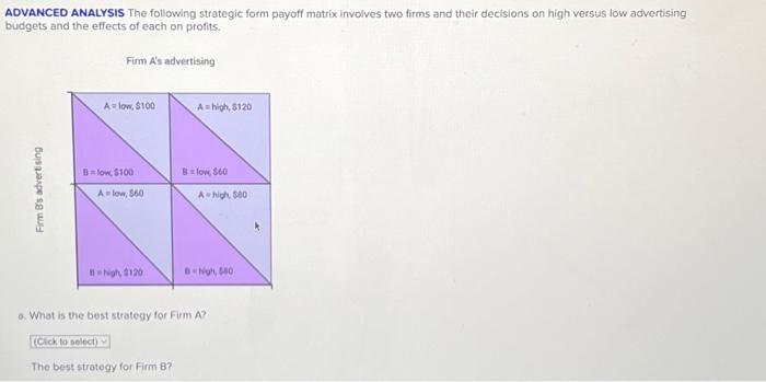  ADVANCED ANALYSIS The following strategic form payoff matrix involves two firms