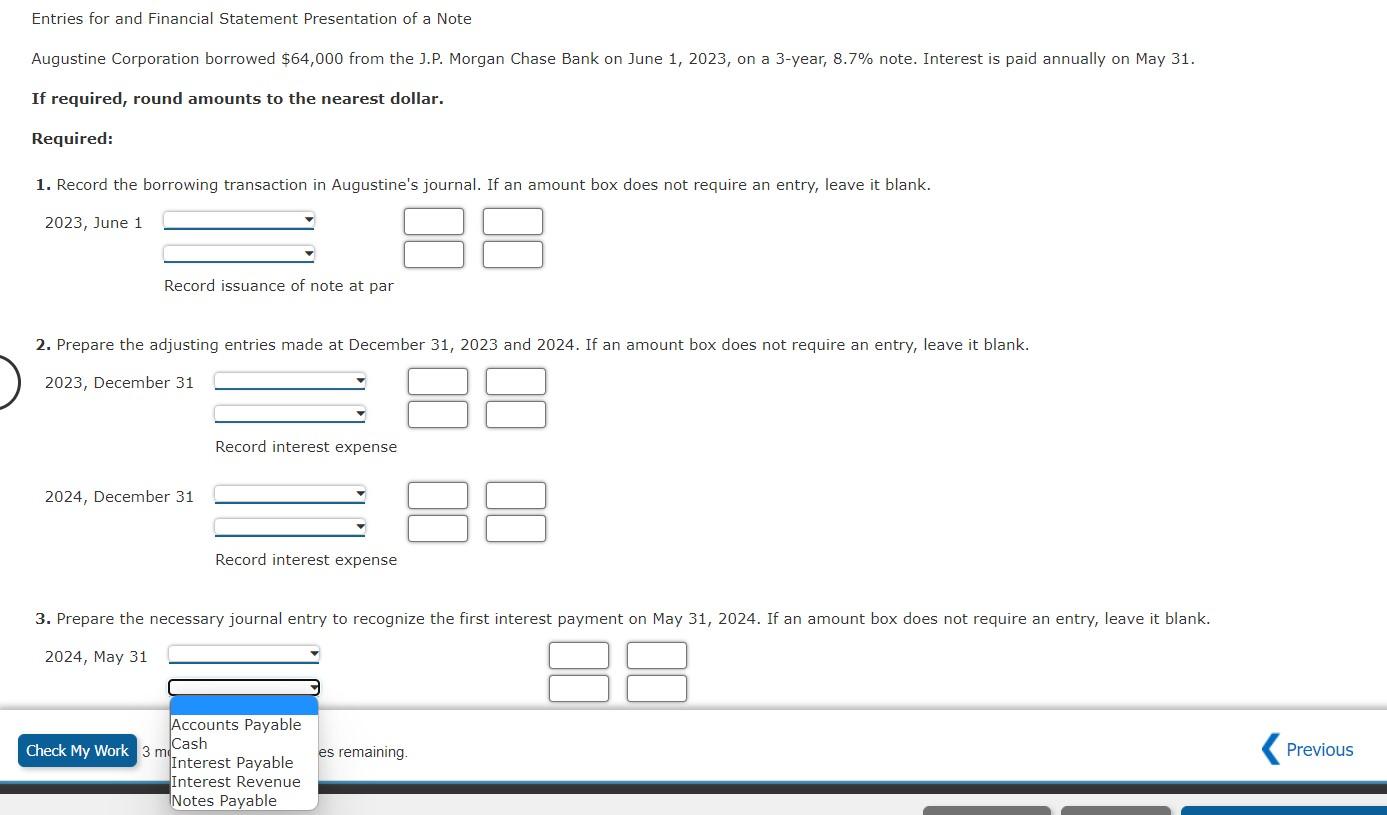 Entries for and Financial Statement Presentation of a Note Augustine Corporation