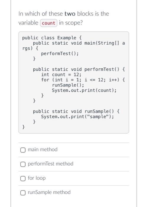  main method performTest method for loop runSample method