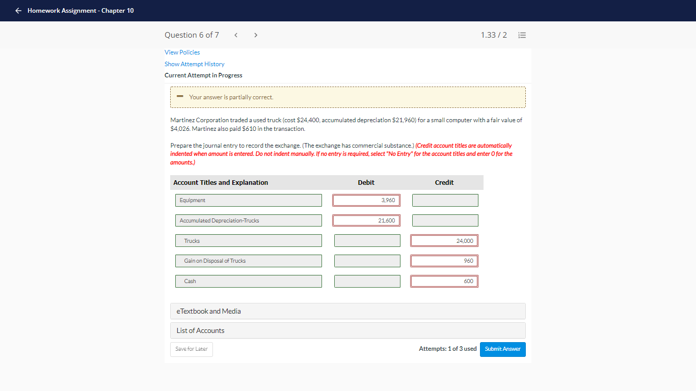 f Homework Assignment - Chapter 10 Question 6 of 7 1.33/2