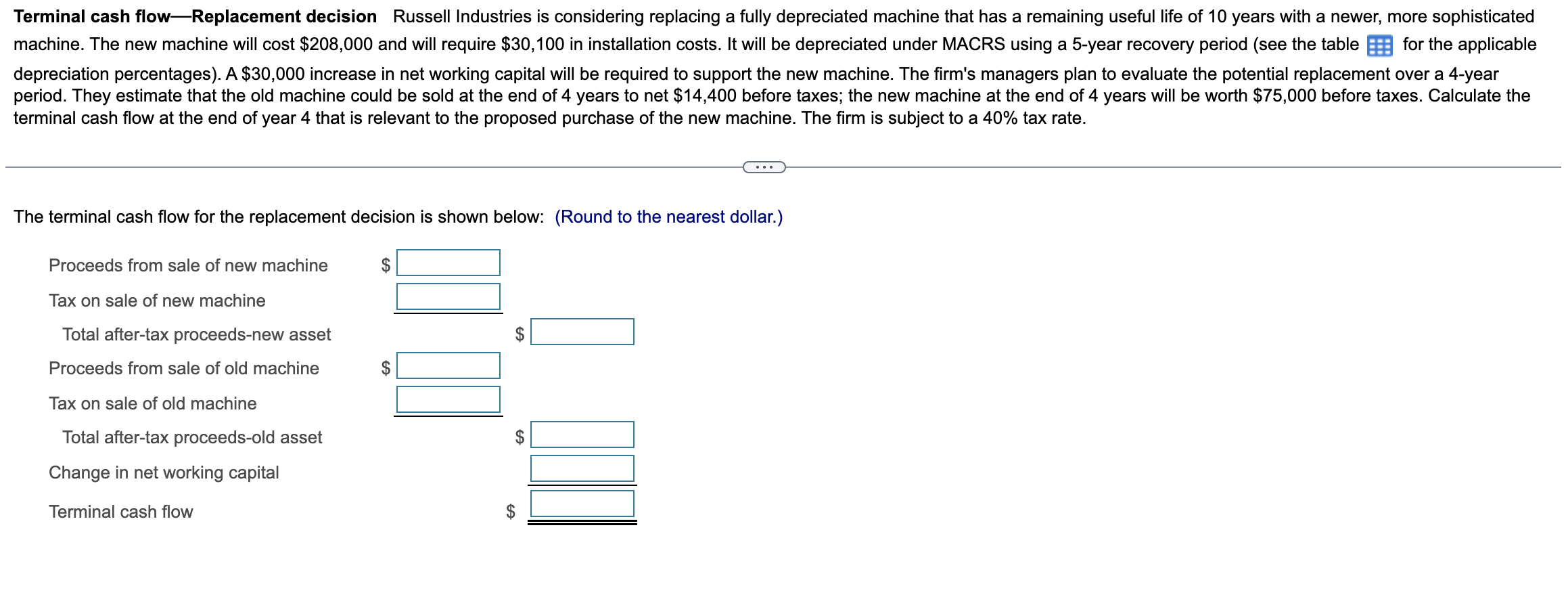QUESTION 4 CHAPTER 11 HW Terminal cash flow-Replacement decision Russell Industries is