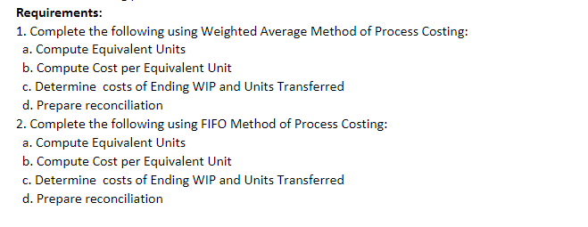 Beginning WIP Units Started Units Completed and transferred out Ending WIP Costs: