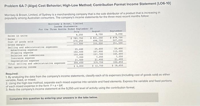 please help Problem 6A-7 (Algo) Cost Behavior; High-Low Method; Contribution Format Income