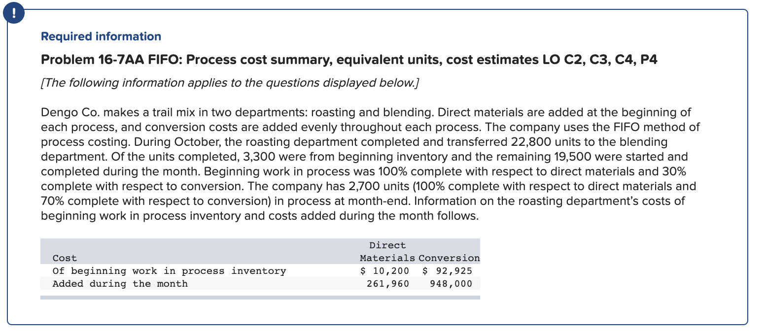  Required information Problem 16-7AA FIFO: Process cost summary, equivalent units, cost