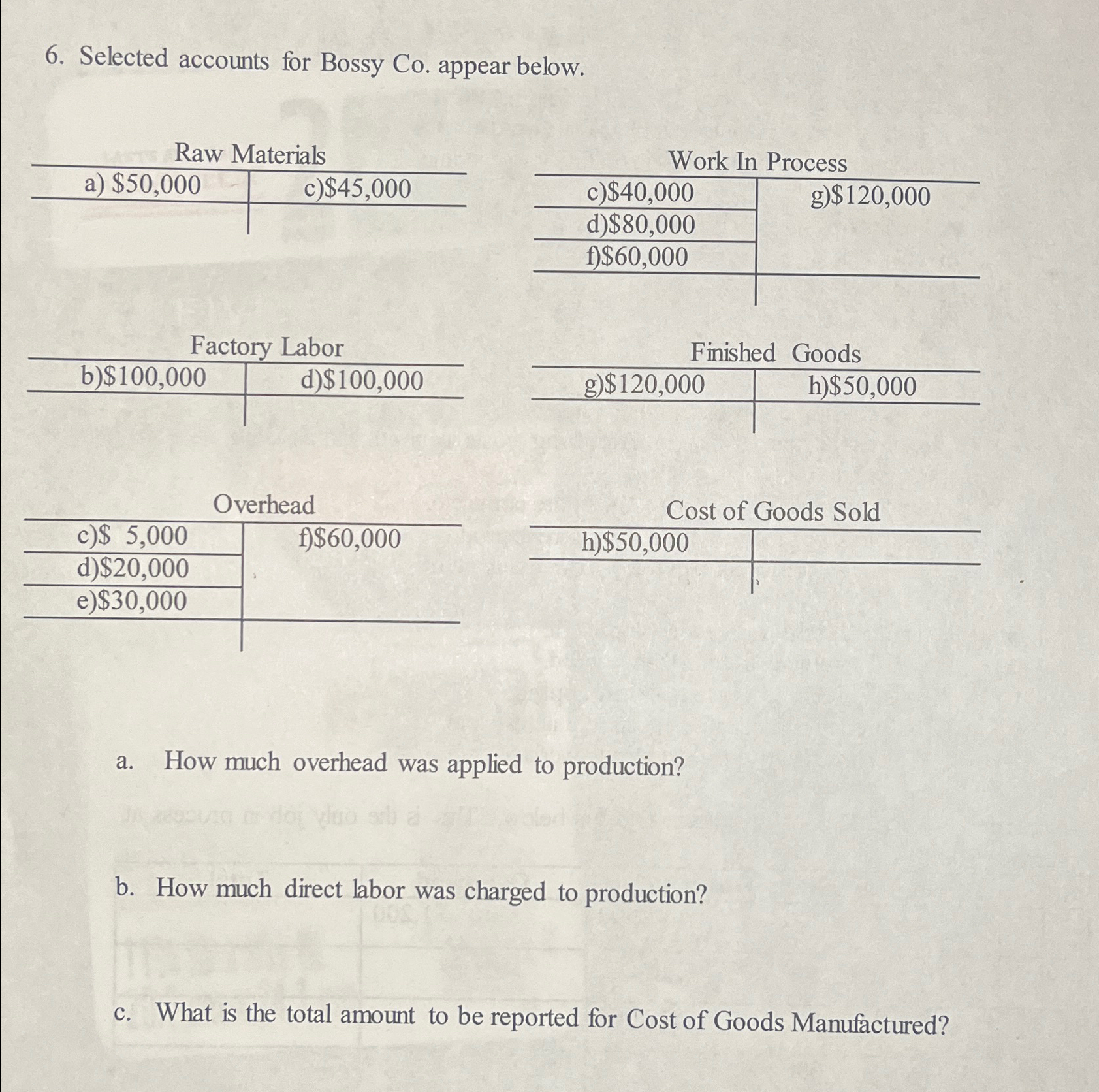  Selected accounts for Bossy Co. appear below. \table[[Raw Materials,Work In Process],[a)