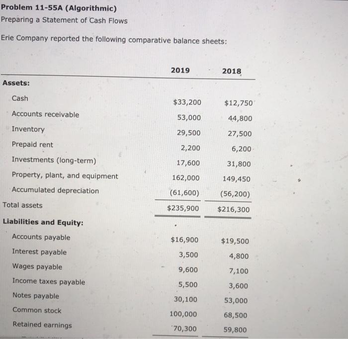  Problem 11-55A (Algorithmic) Preparing a Statement of Cash Flows Erie Company