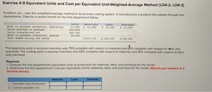  Exercise 4-9 Equivalent Units and Cost per Equivalent Unit-Weighted Average Method