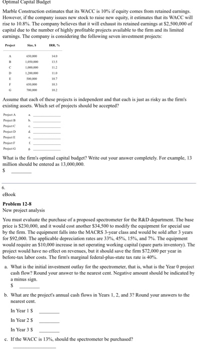  Marble Construction estimates that its WACC is 10% if equity comes