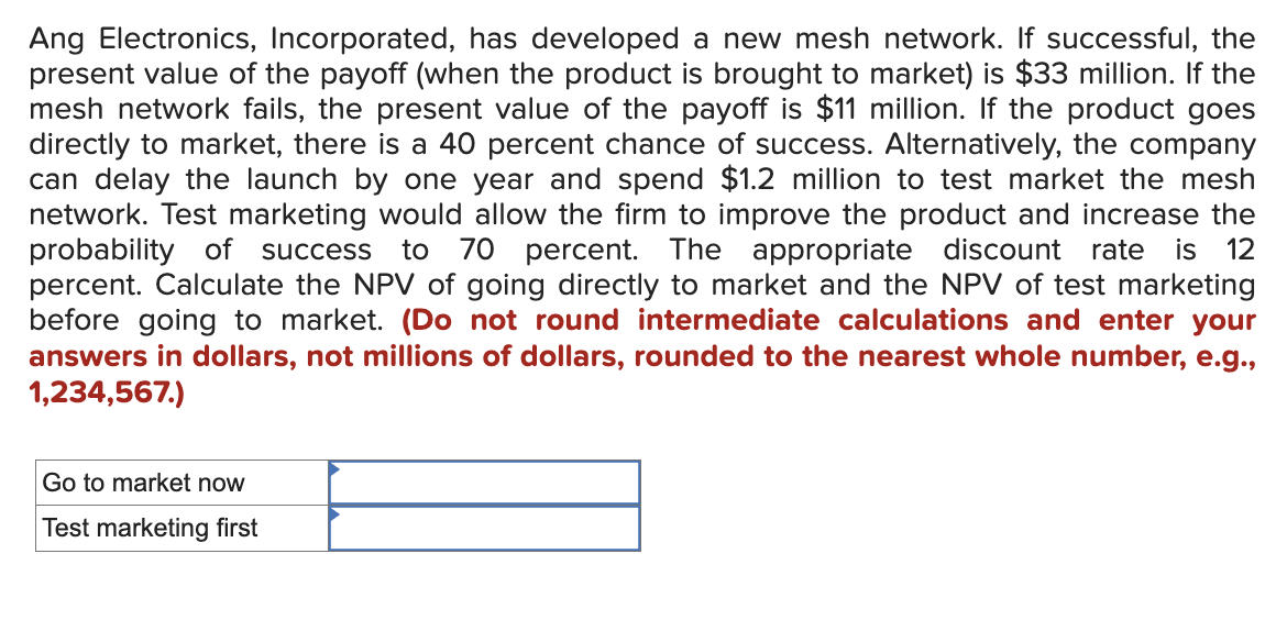  Ang Electronics, Incorporated, has developed a new mesh network. If successful,