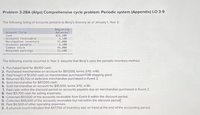  Problem 3-28A (Algo) Comprehensive cycle problem: Periodic system (Appendix) LO 3-9