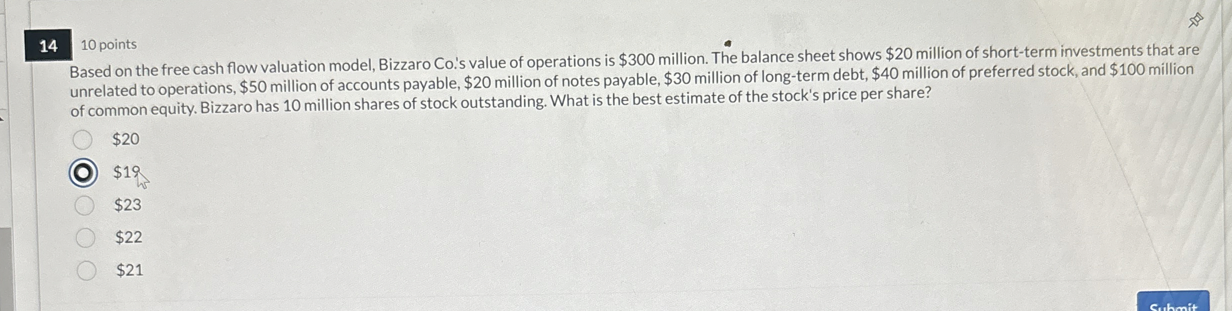  1410 points Based on the free cash flow valuation model, Bizzaro