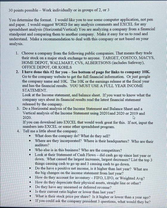  30 points possible - Work individually or in groups of 2,