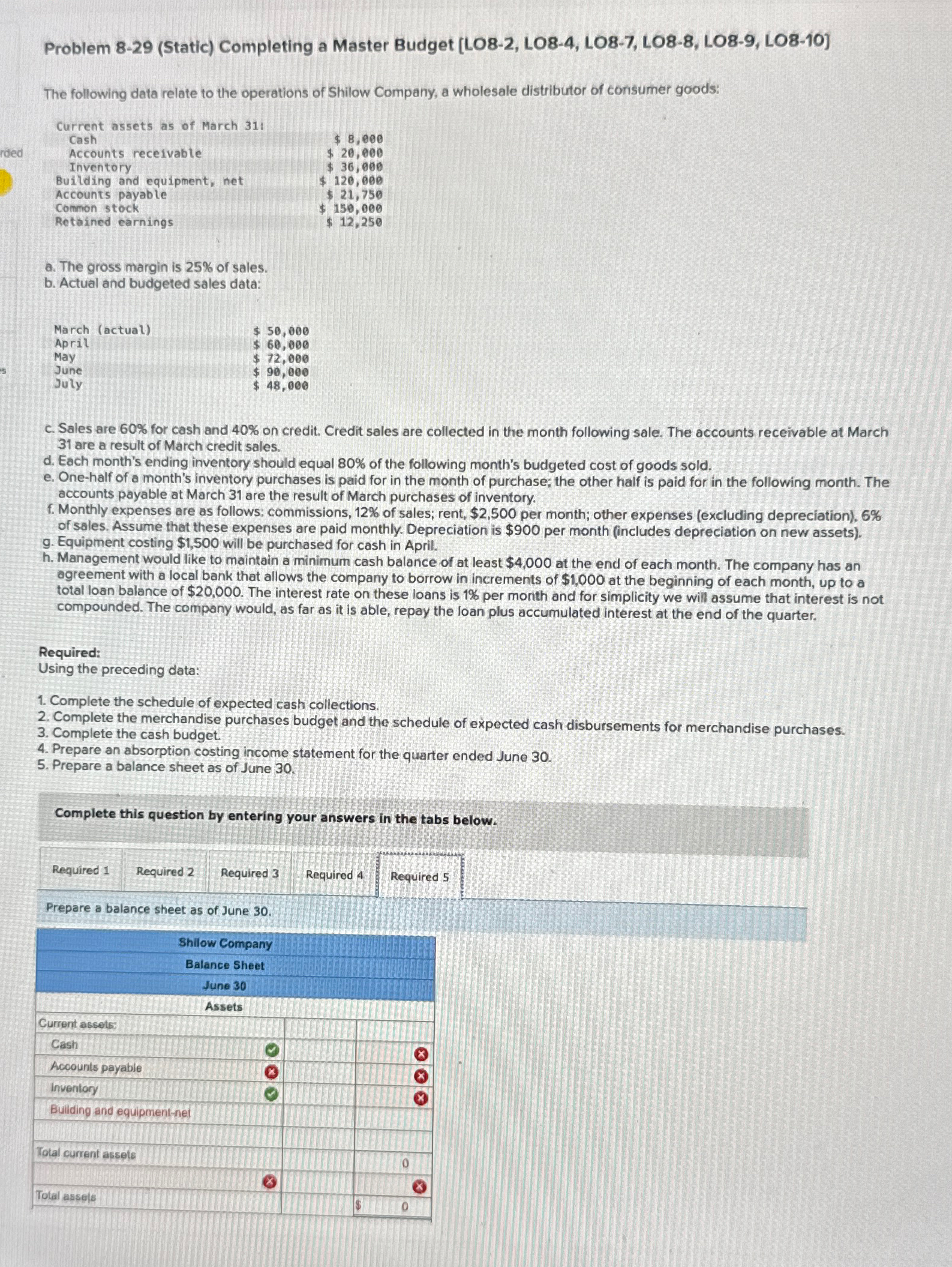  Problem 8-29(Static) Completing a Master Budget [LO8-2, LO8-4, LO8-7, LO8-8, LO8-9,