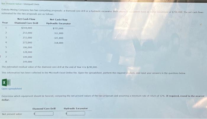  Net Present Value-Unequal Lives Dakota Mining Company has two competing proposals: