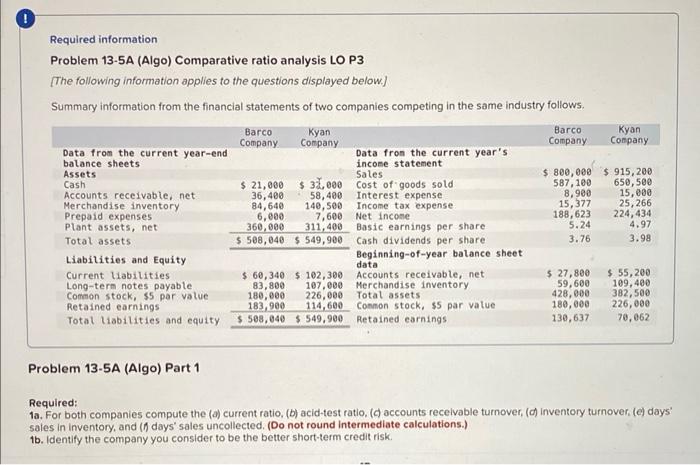 Help please Required information Problem 13-5A (Algo) Comparative ratio analysis LO P3