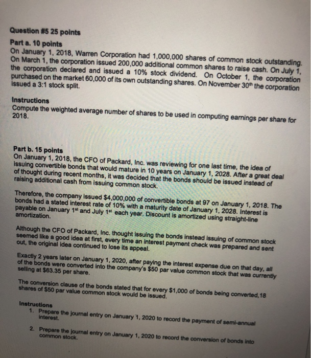  Question #5 25 points Part a. 10 points On January 1,