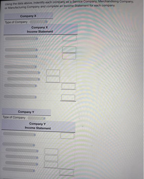 Merchandising Company, or Manufacturing Company and complete an data above, indentify each