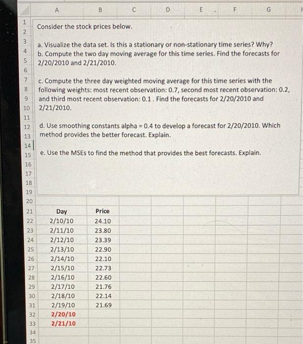  A B D E F G 1 Consider the stock prices