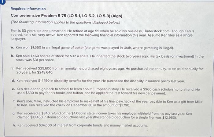  Comprehensive Problem 5-75 (LO 5-1, LO 5-2, LO 5-3) (Algo) [The