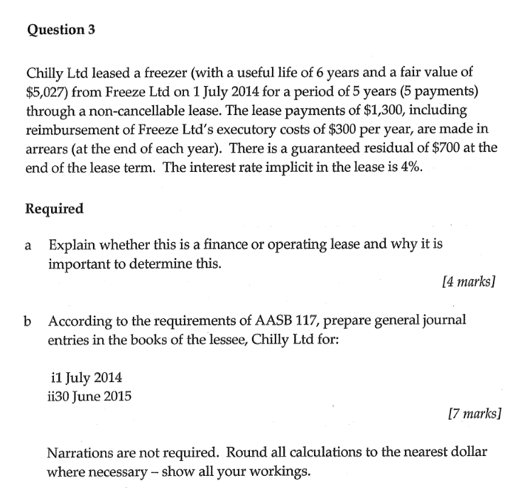 Question 3 Chilly Ltd leased a freezer (with a useful life