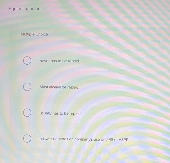  Equity financing: Multiple Choice O never has to be repaid. O